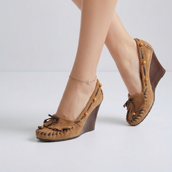 Sam Edelman Suede Beaded Fringe Moccasin Wedge - Picture 3 of 10